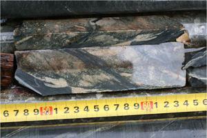 Sliced core with sheared quartz veining Sliced core with sheared quartz veining